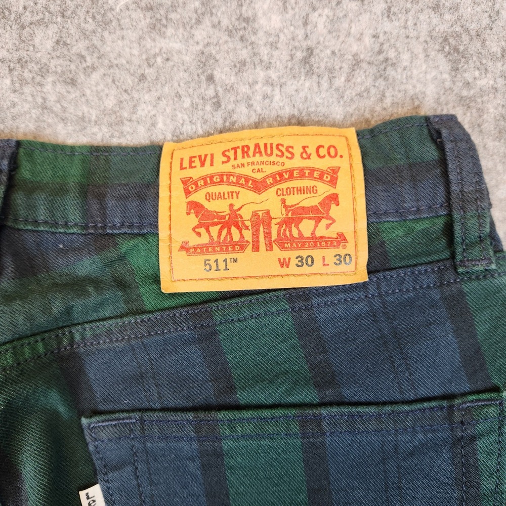 Levi 511 Slim Fit Pants Men 30x30 Green Black Watch Plaid Tartan Check Trousers - Picture 7 of 12
